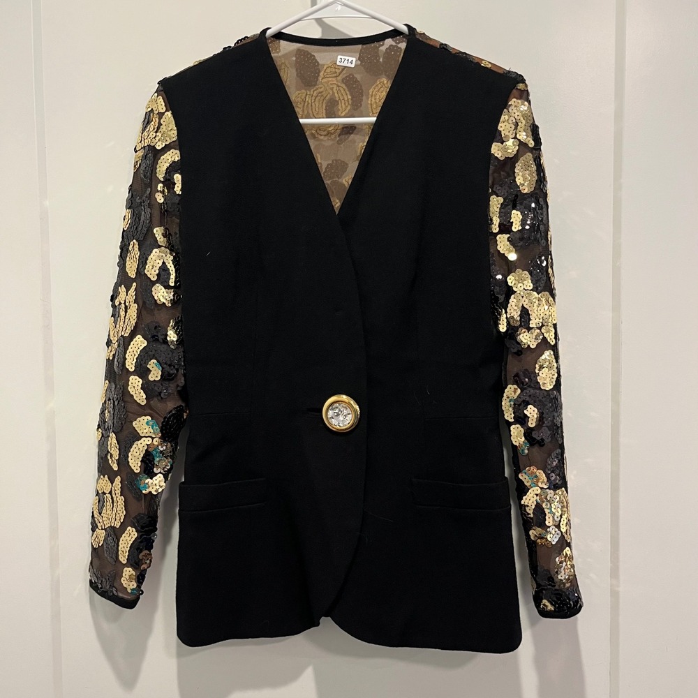 Richie Freeman Teri Jon Nites Wool Sequin Blazer Black Gold Evening Jacket 4